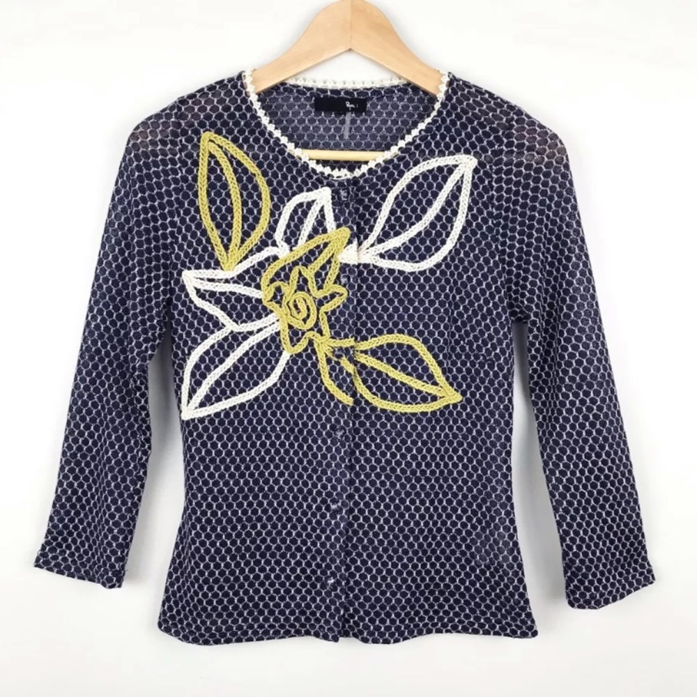 Ryu Embroidered Blue Button Front Cardigan Floral Romantic Cottagecore Top